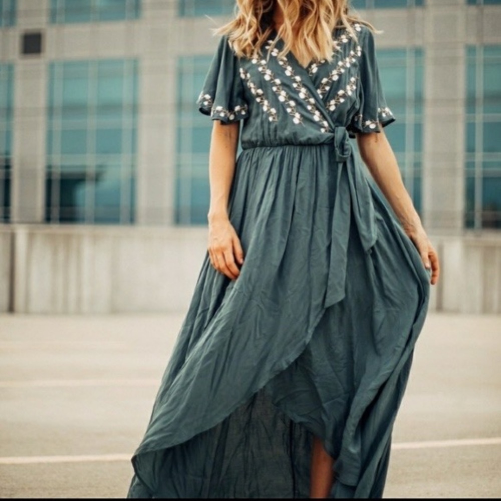 Jodifl Green Floral Embroidered Wrap Dress